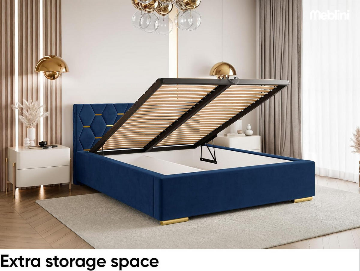 BETT VERSAL - Goldfarben/Dunkelblau, Holzwerkstoff (120/200cm) - Meblini