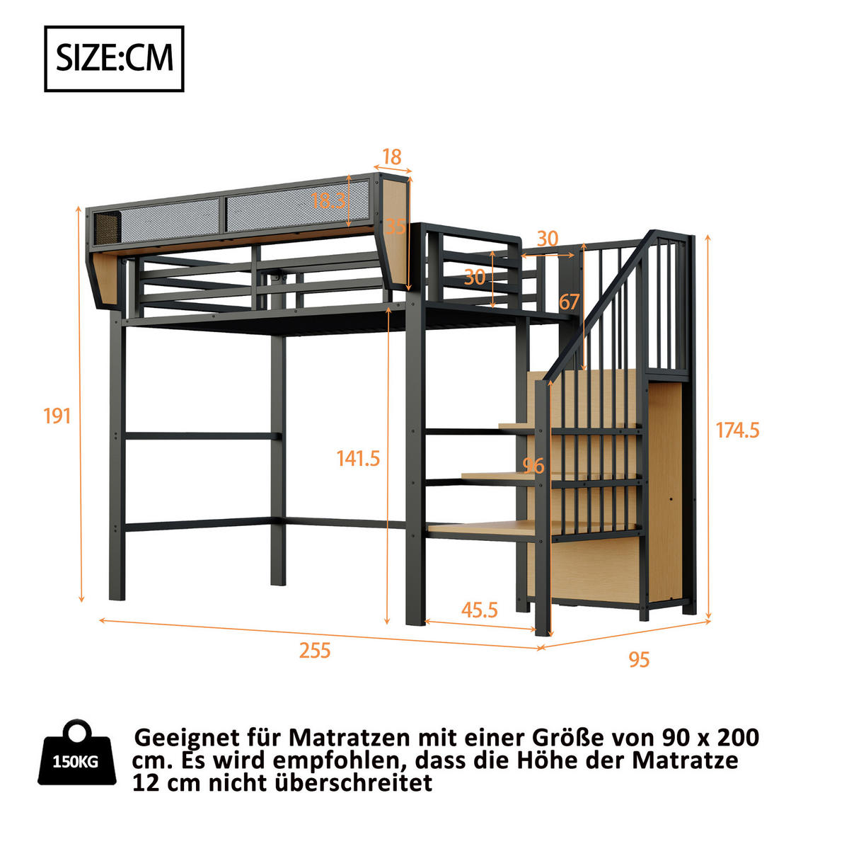 HOCHBETT aus Metall und MDF 90x200 cm Schwarz mit Sicherheitsleiter und flexiblem Regal - Schwarz, Metall (140/200cm) - Modfu