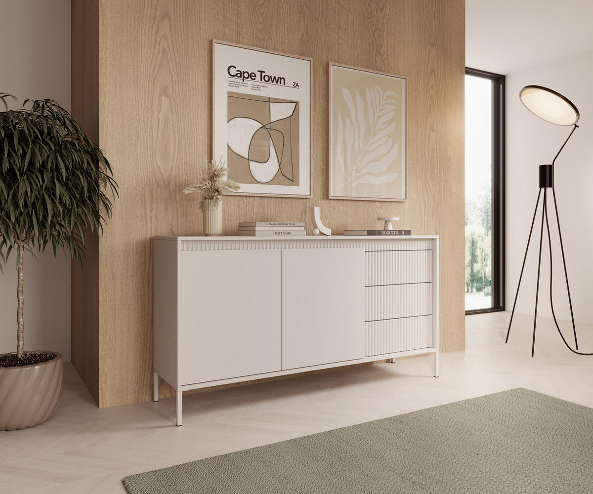 SIDEBOARD Trentinis 2T 3S Beige 153,5/81,4/39,5 cm – Geriffelten Fronten - Beige, Holzwerkstoff/Metall (153.5/81.4/39.5cm) - AX Living