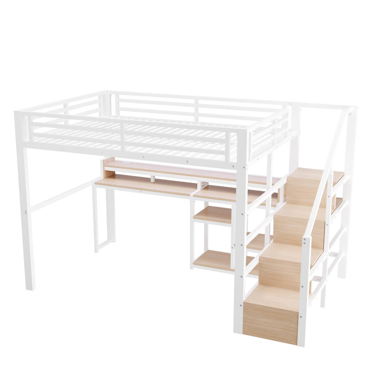 HOCHBETT MDF Metall 140x200 cm Weiß mit Leiterschrank, USB + Typ-C und LED-Lichtleiste - Weiß, Holzwerkstoff (140/200cm) - Modfu