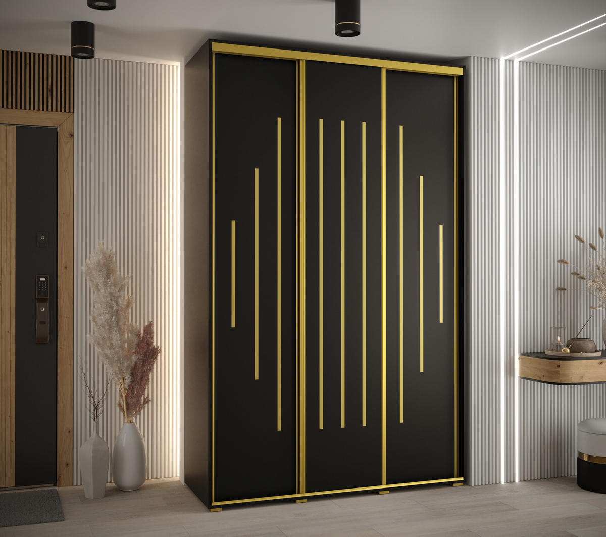 SCHWEBETÜRENSCHRANK 235,2/160/60 3-türig - Goldfarben/Schwarz, Holz/Metall (160/235/60cm) - Abiks Möbel