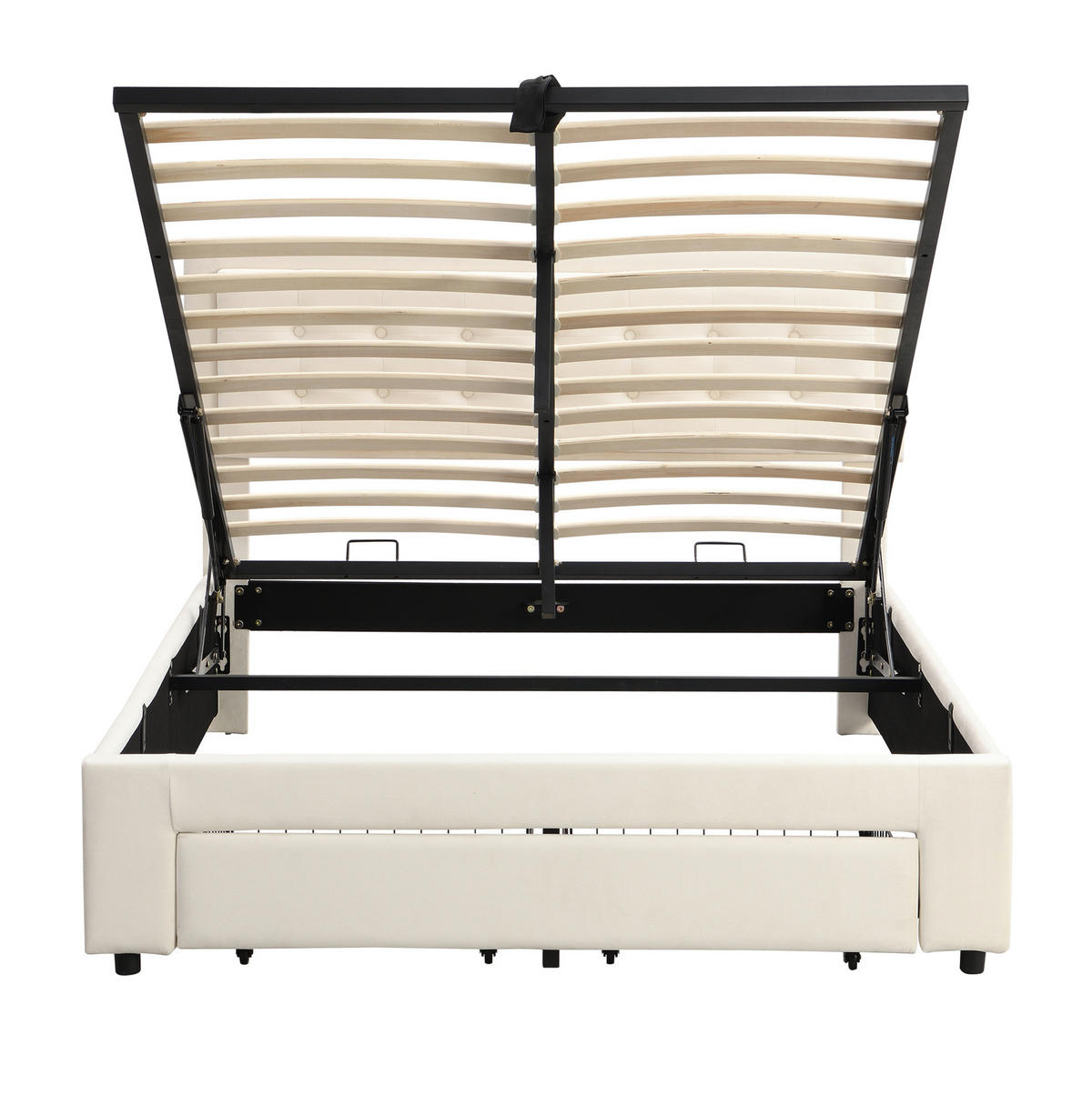 POLSTERBETT 140/200 cm mit verstellbarem Kopfteil, hydraulischem Stauraum und 2 Schubladen, Samt Beige - Beige, Textil (140/200cm) - Redom