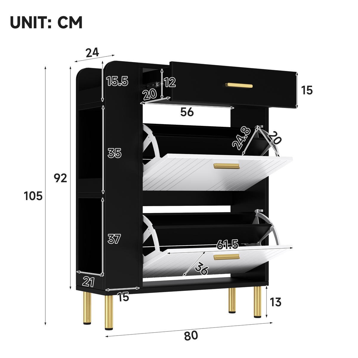 SCHUHSCHRANK aus MDF & Spanplatte 80x24x105cm in Schwarz mit 2 Klappen - Schwarz, Holzwerkstoff (80/105/24cm) - Modfu