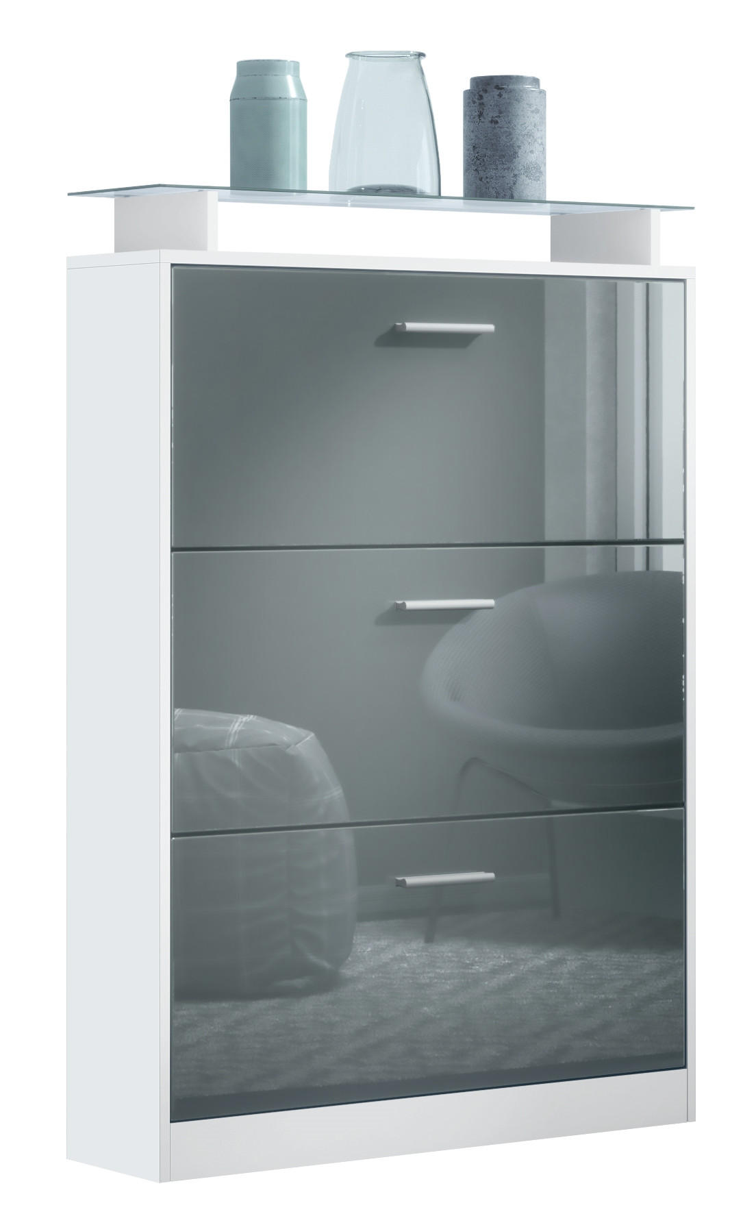 SCHUHSCHRANK Lavia Front in Grau Hochglanz - Grau, Holzwerkstoff (89/128/23cm) - Vladon
