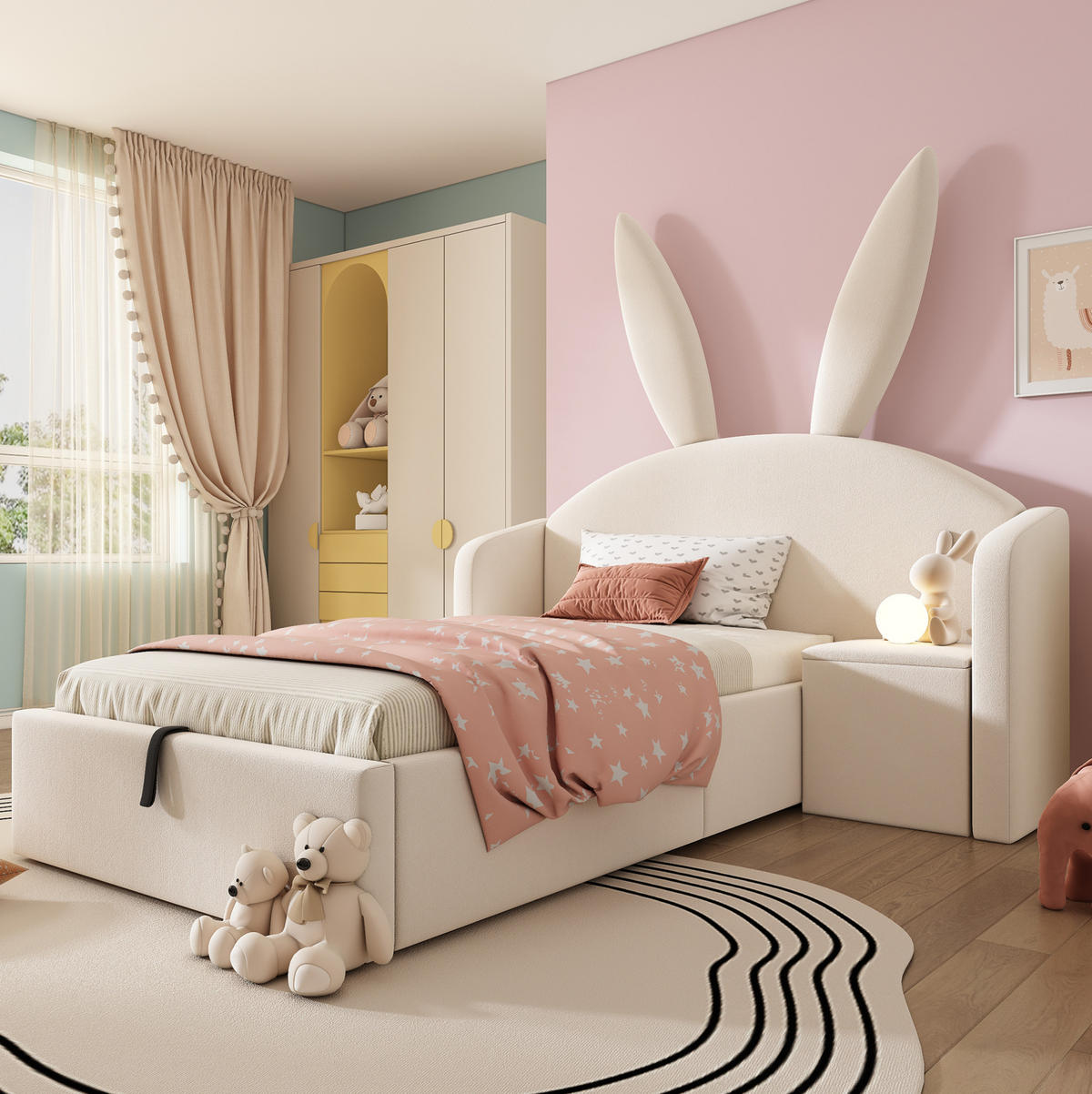 JUGENDBETT 90/200 cm aus Samt, Holz und Metall mit Bettkasten und Nachttisch Beige - Beige, Textil (90/200cm) - Modenvie