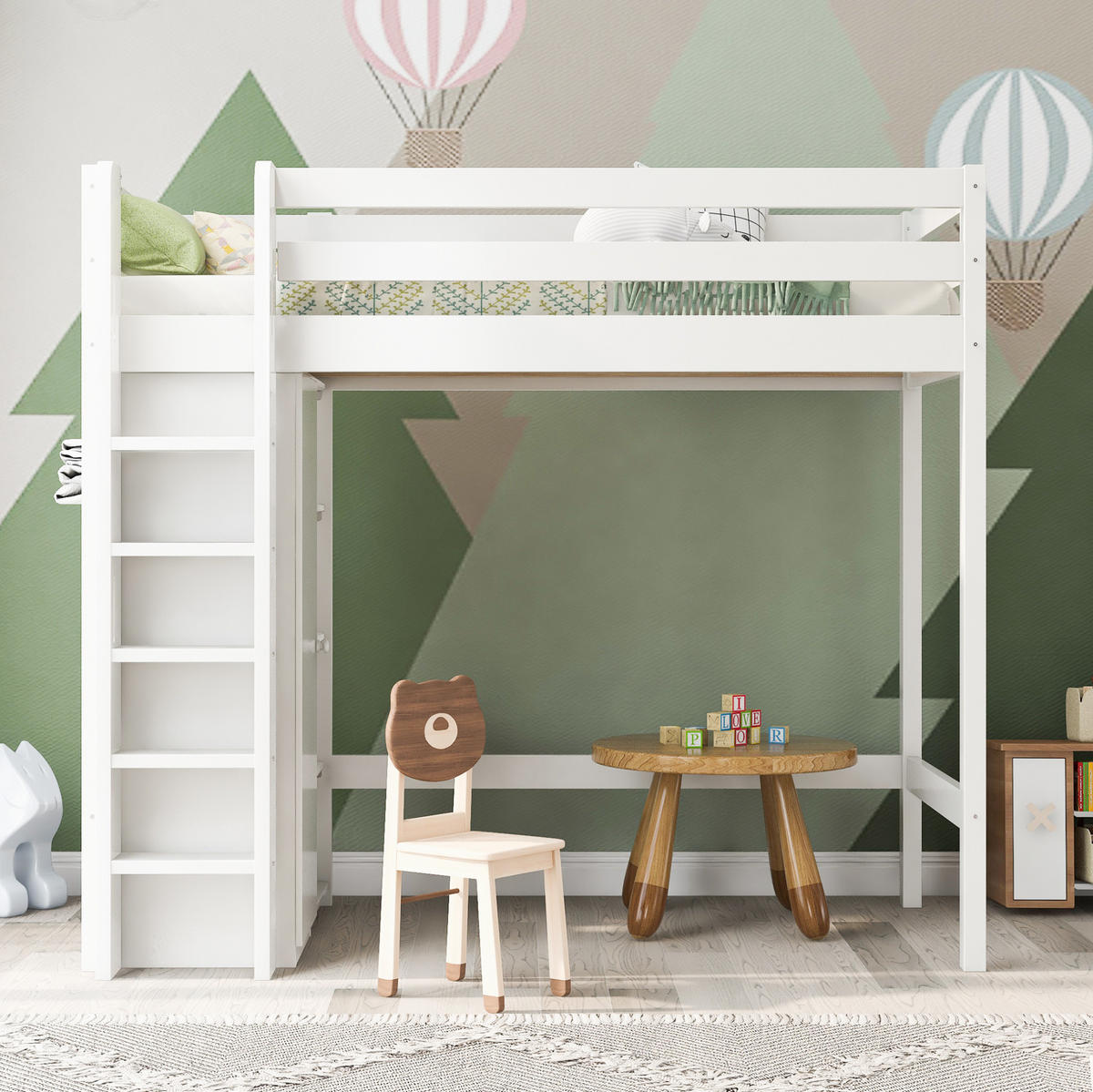 HOCHBETT 90/200 cm in Weiß mit Kleiderschrank und 6 Regalen - Weiß, Holzwerkstoff (90/200cm) - Flora Grace