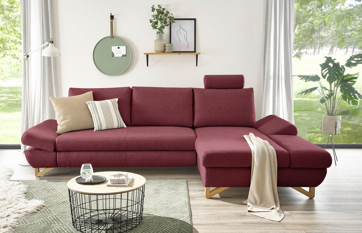 ECKSOFA bordeaux Velours, Wohnzimmer Sofa - Bordeaux, Holz/Textil (284/166cm) - Furn.Design