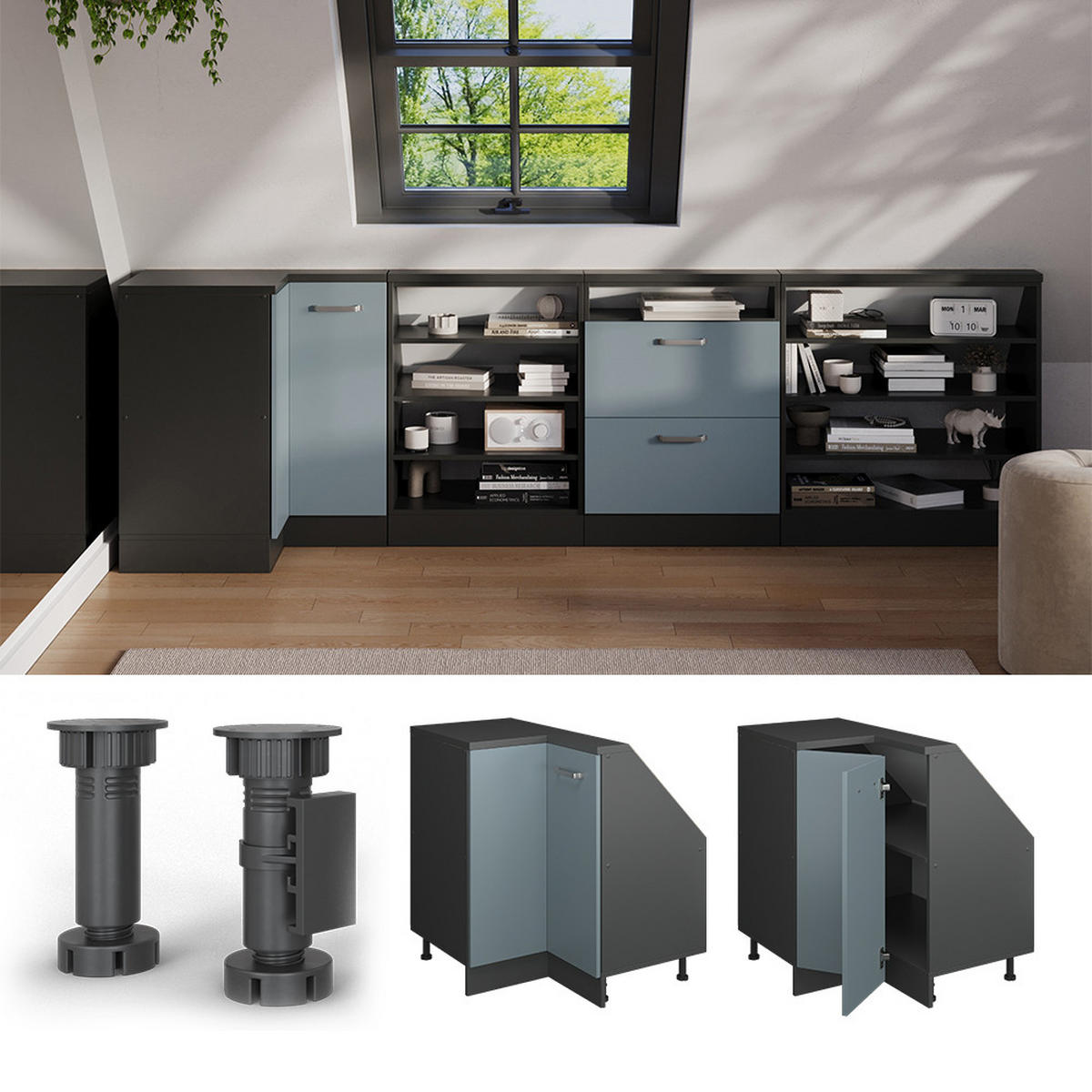 DACHSCHRÄGENSCHRANK ECKSCHRANK Rion Blau-Grau/Anthrazit 75.6 x 81.6 cm mit 1 Tür - Anthrazit/Blaugrau, Holzwerkstoff (75.6/81.6/75.6cm) - Vicco