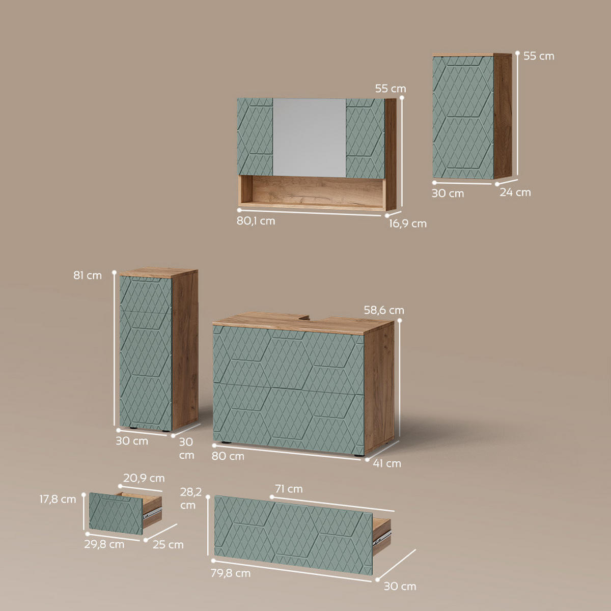 BADMÖBEL-SET Ronco Grün/Goldkraft Eiche 4 Teile - Eiche Wotan/Grün, Holzwerkstoff (80/58/41cm) - Livinity®