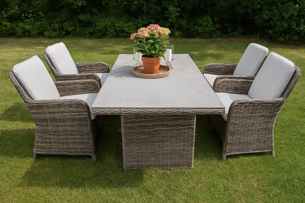 GARTEN-ESSGRUPPE Ria Braun Polyrattan für 4 Personen - Grau, Kunststoff - Green Spirit