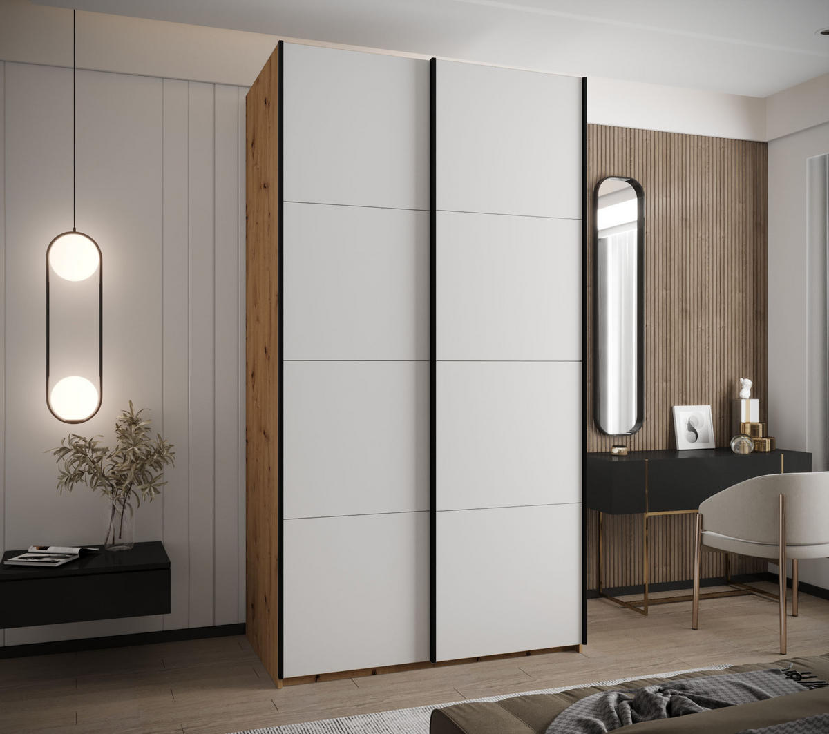 SCHWEBETÜRENSCHRANK 245,5/130/64 2-türig - Schwarz/Weiß, Holz/Metall (130/245/64cm) - Abiks Möbel
