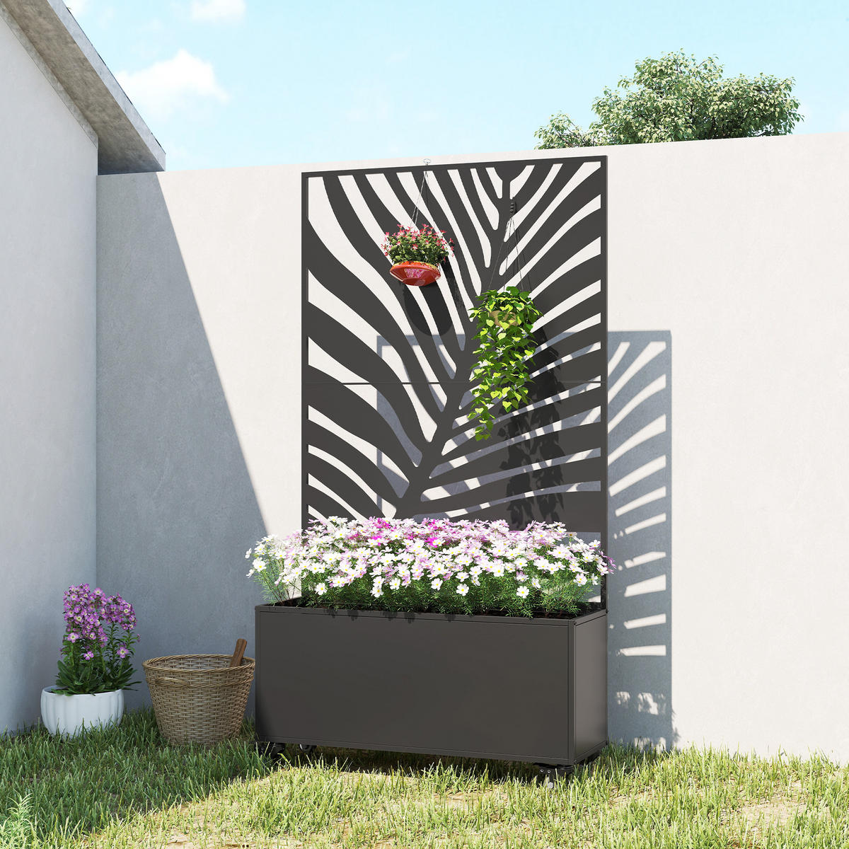 HOCHBEET DE-12311 mit Sichtschutz u. Rollen, 90/30/160 cm Schwarz - Schwarz, Metall (90/160/30cm) - ComfortXL