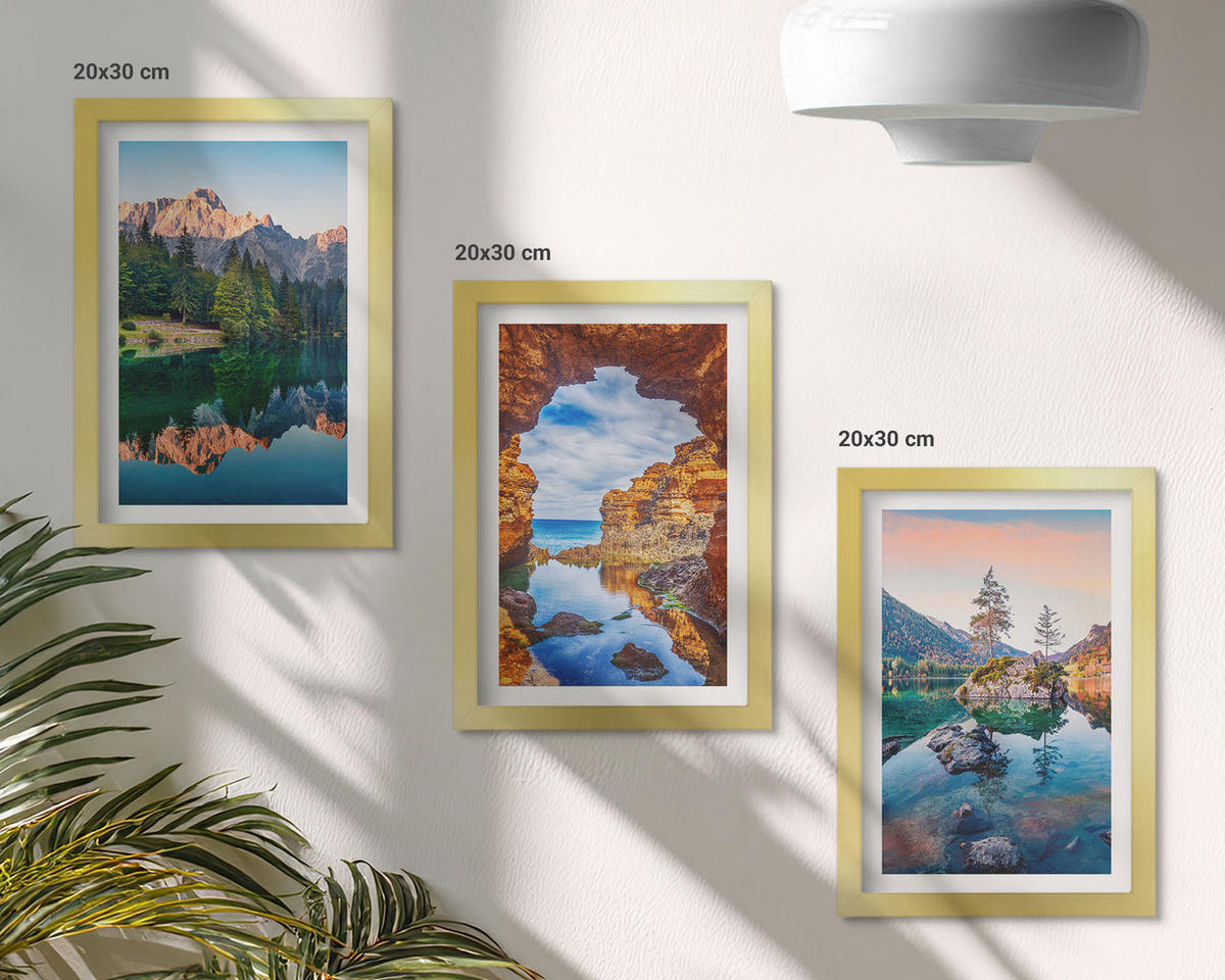 BILDER SET 3er Set - 20x30 cm Goldrahmen - Spiegelungen der Felsen in Bergseen - Goldfarben, Kunststoff (20/30cm) - TULUP