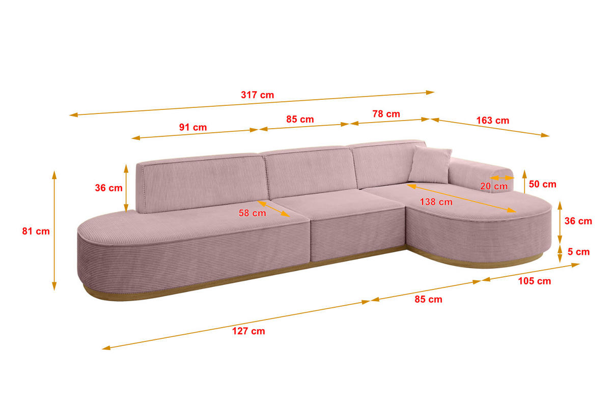 ECKSOFA Ottomane Rechts MARI-L2-v2 - 328x171x83 cm Rosa Cord - Rosa, Holzwerkstoff/Textil (171/328cm) - ALTDECOR