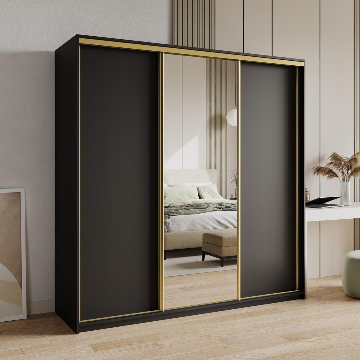 SCHWEBETÜRENSCHRANK TAVI 180/205/60 cm 3-türig mit Spiegel und Schubladen Schwarz - Goldfarben/Schwarz, Holzwerkstoff (180/205/60cm) - MASSENO