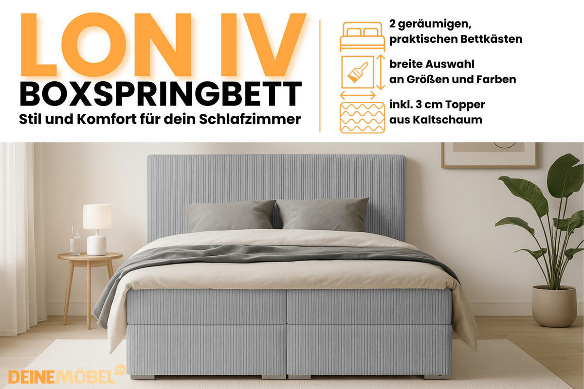 BOXBETT LON IV 180/200 in Cord Hellgrau H4 - Hellgrau, Holz/Holzwerkstoff (180/200cm) - Deine Möbel 24