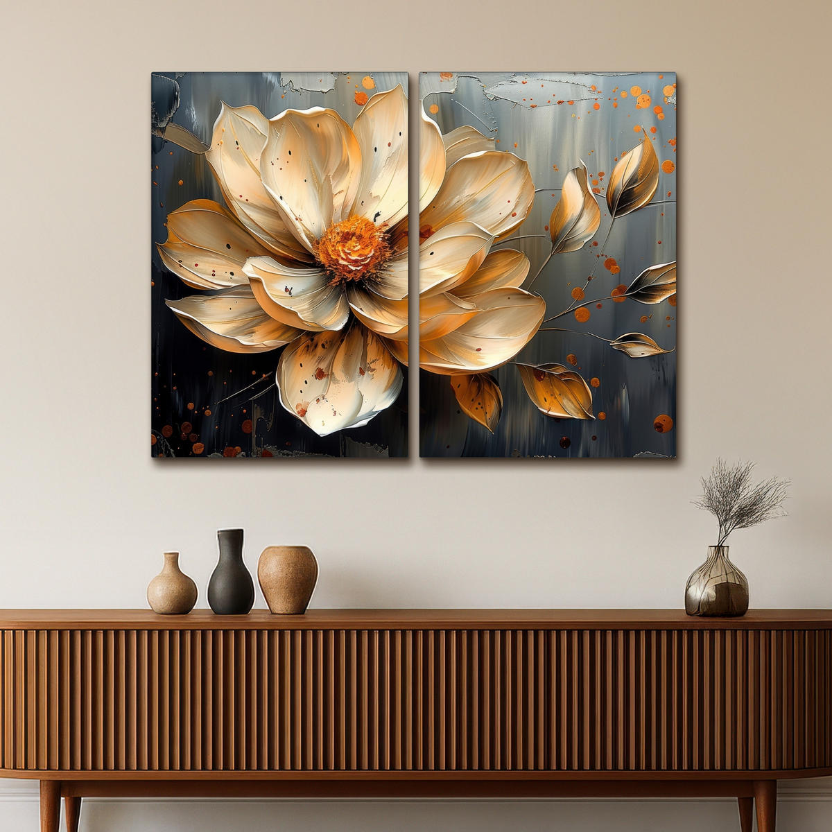 LEINWANDBILD 2er Set Blume - Gold - Abstrakt - Farbe 120x90 cm - Creme, Textil (120/90cm) - MuchoWow