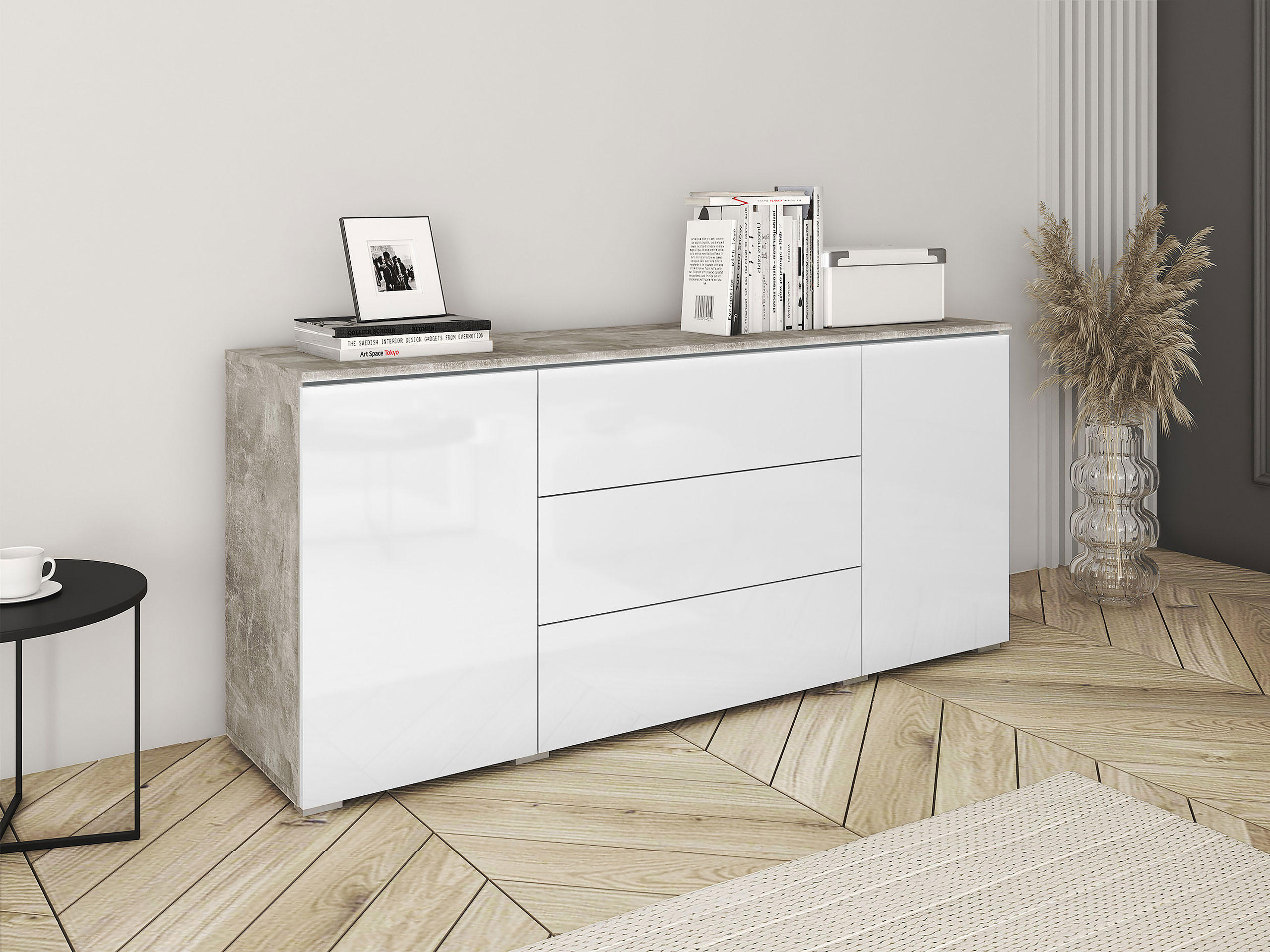 SIDEBOARD Vera 150 - Weiß Hochglanz/Hellgrau, Holzwerkstoff (150/66/40cm) - MIRJAN24