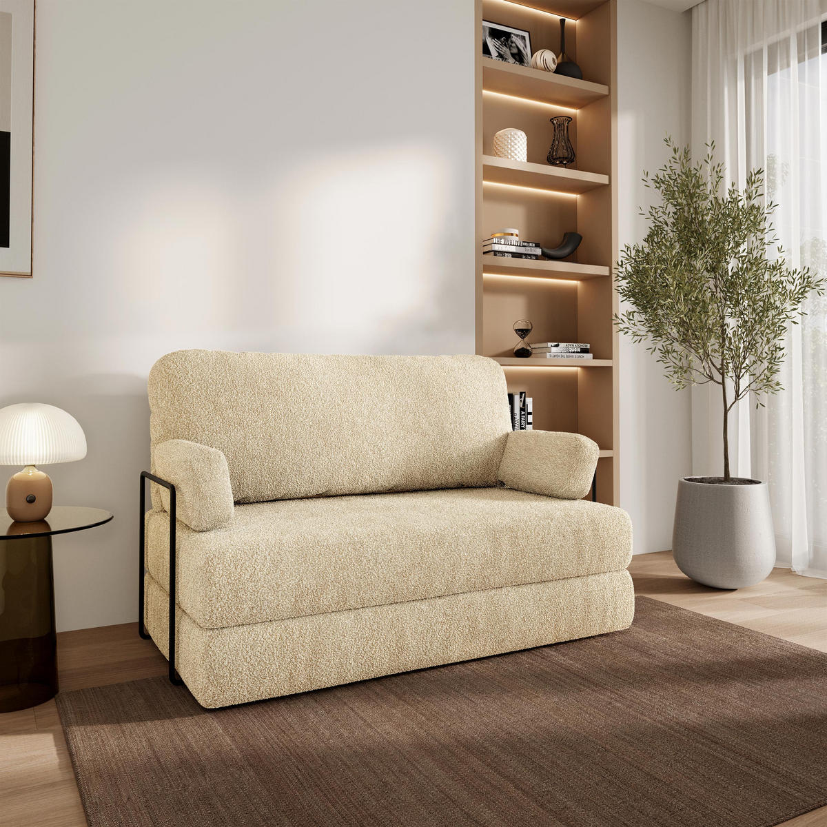 BETTSOFA KESTE aus Schaumstoff Bucle-Stoff Creme Schlaffunktion - Creme, Textil (140/86/60cm) - MASSENO