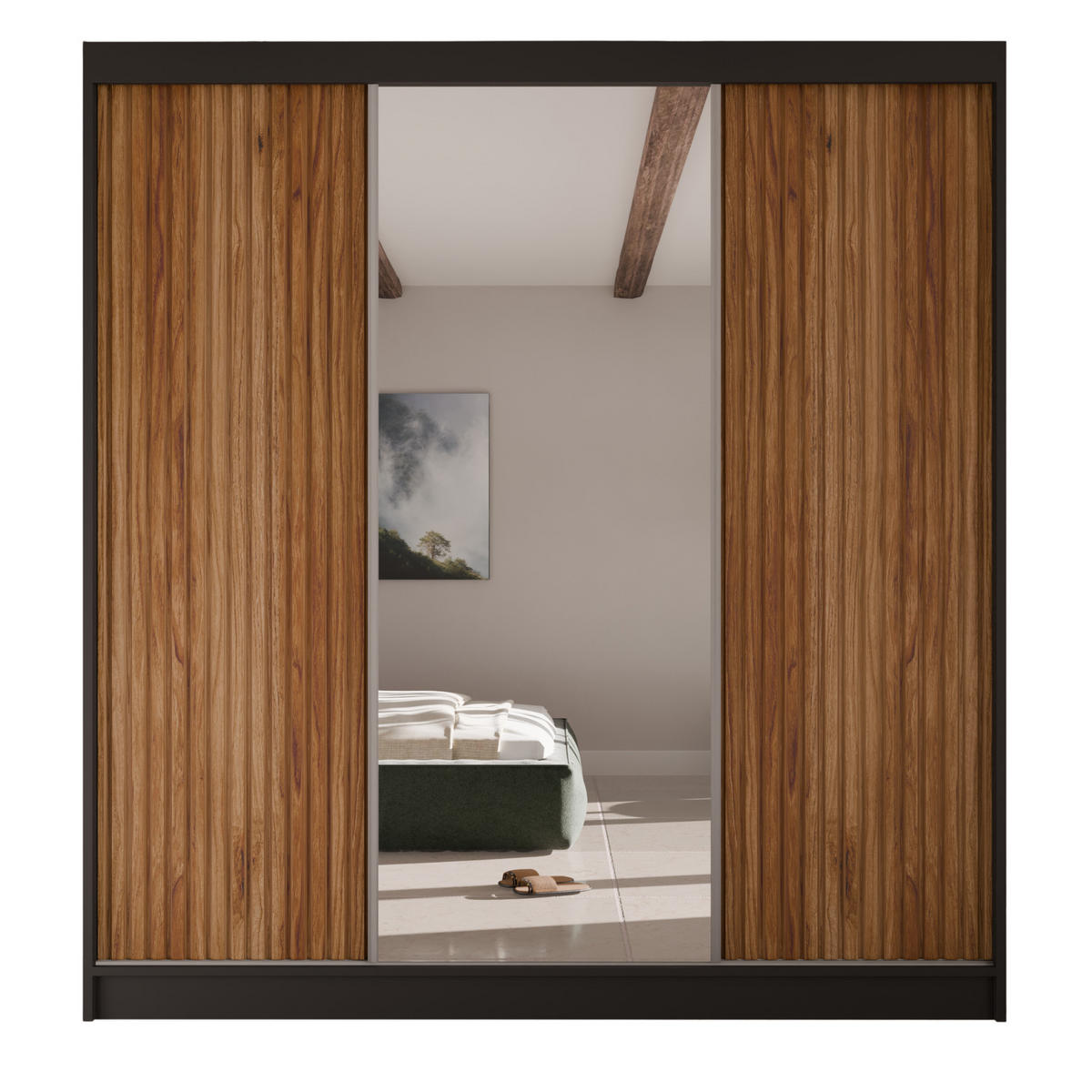 SCHWEBETÜRENSCHRANK Rafi mit Spiegel und mit geriffelten Fronten, 200 cm, Schwarz+eichefarben - Eichefarben/Schwarz, Holzwerkstoff (200/215/61cm) - AN-Moebel 4u