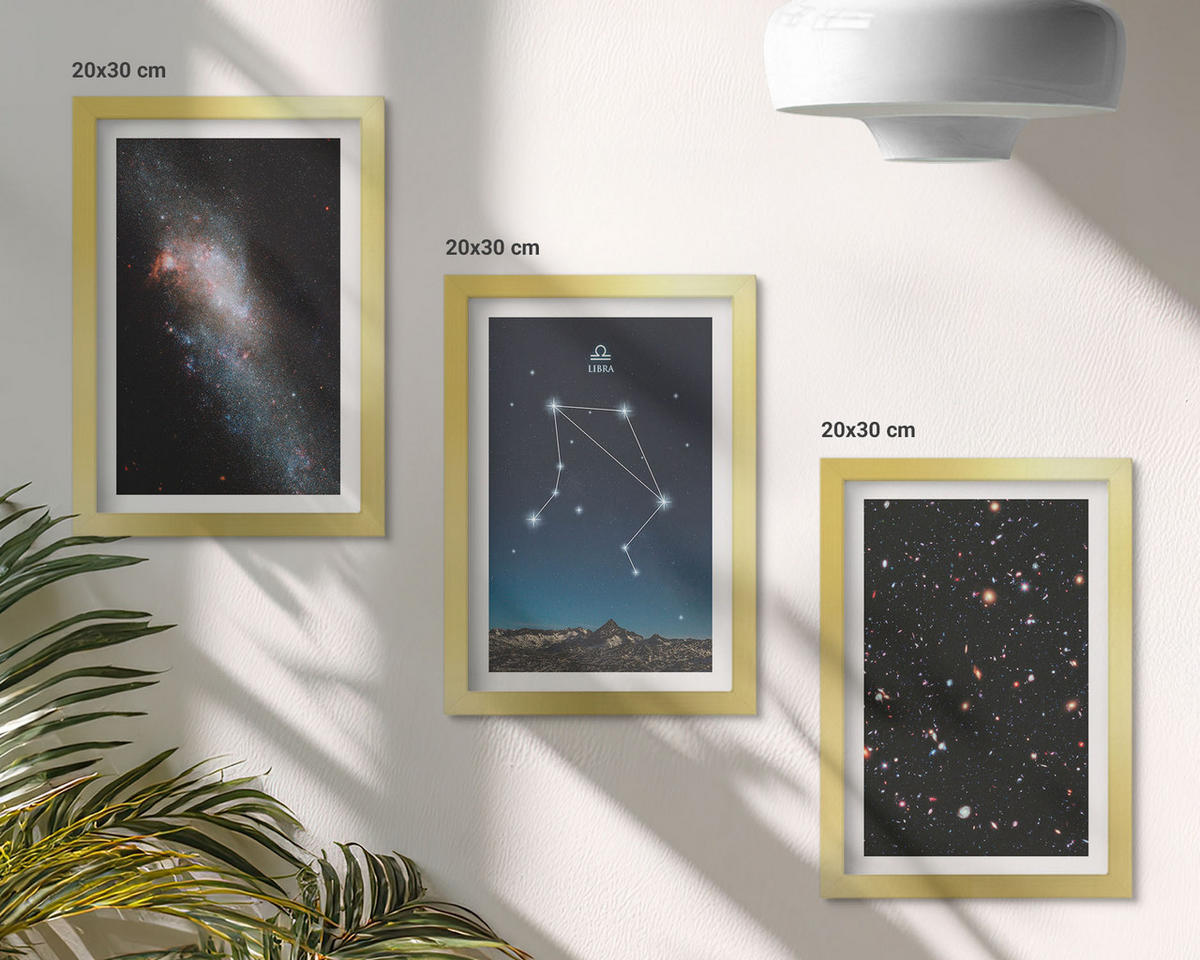 BILDER SET 3er Set - 20x30 cm Goldrahmen - Weltraum, Galaxie, Waage, Himmel - Goldfarben, Kunststoff (20/30cm) - TULUP