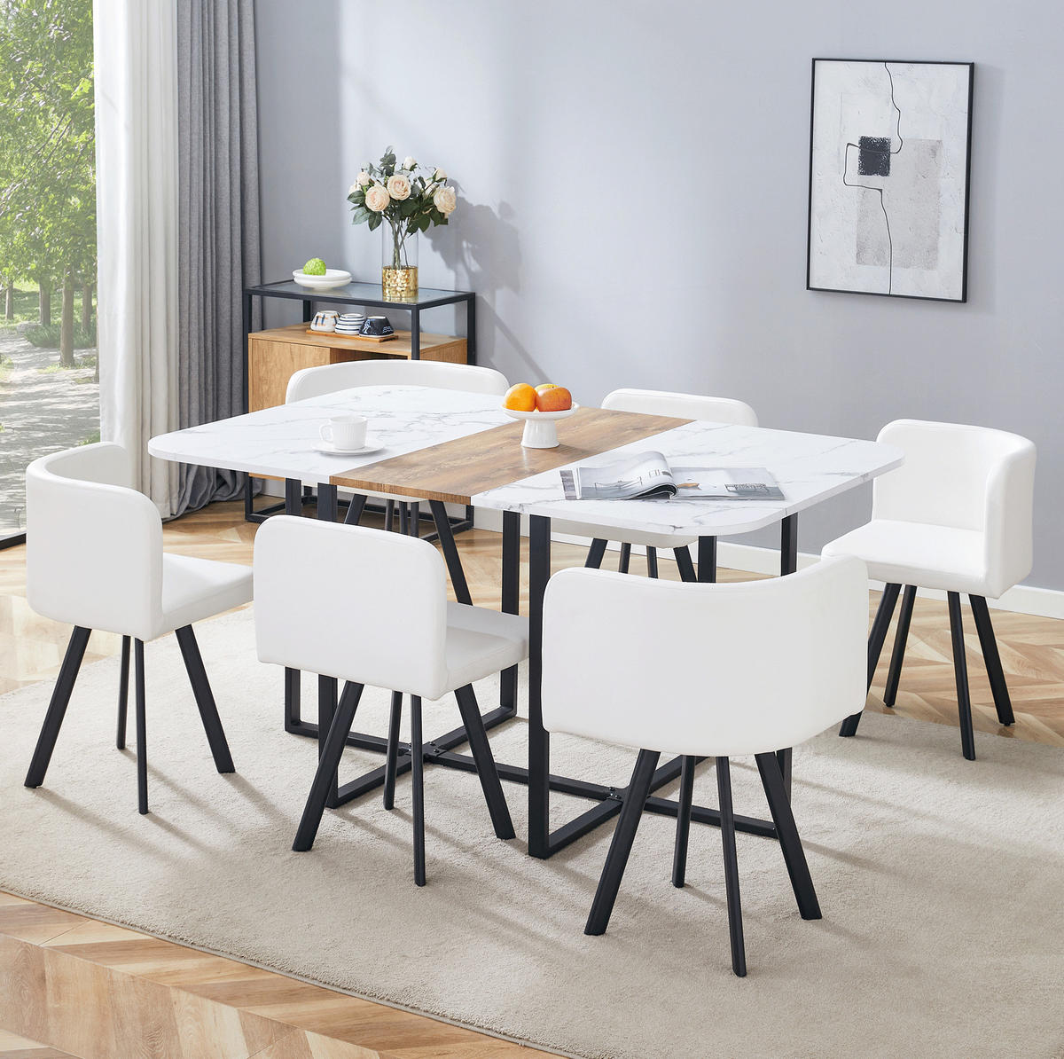 ESSTISCH-SET ausziehbar für 4-6 Personen Naturholz Weiß Schwarz - Multicolor, Metall (100/79/150cm) - Meubliv