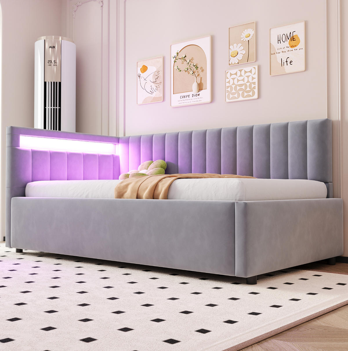 ČALÚNENÁ posteľ 90x200 cm sivá zo zamatovej látky s LED osvetlením a hydraulickým úložným priestorom - svetlosivá, textil (90/200cm) - Modfu