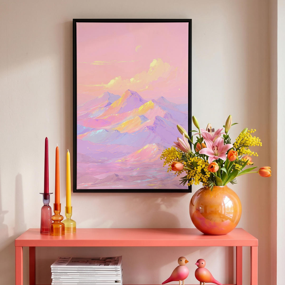 LEINWAND Bilder mit Rahmen - Berggipfel - Wolken - Verträumt - 40x60 - Hellrosa, Textil (40/60cm) - MuchoWow