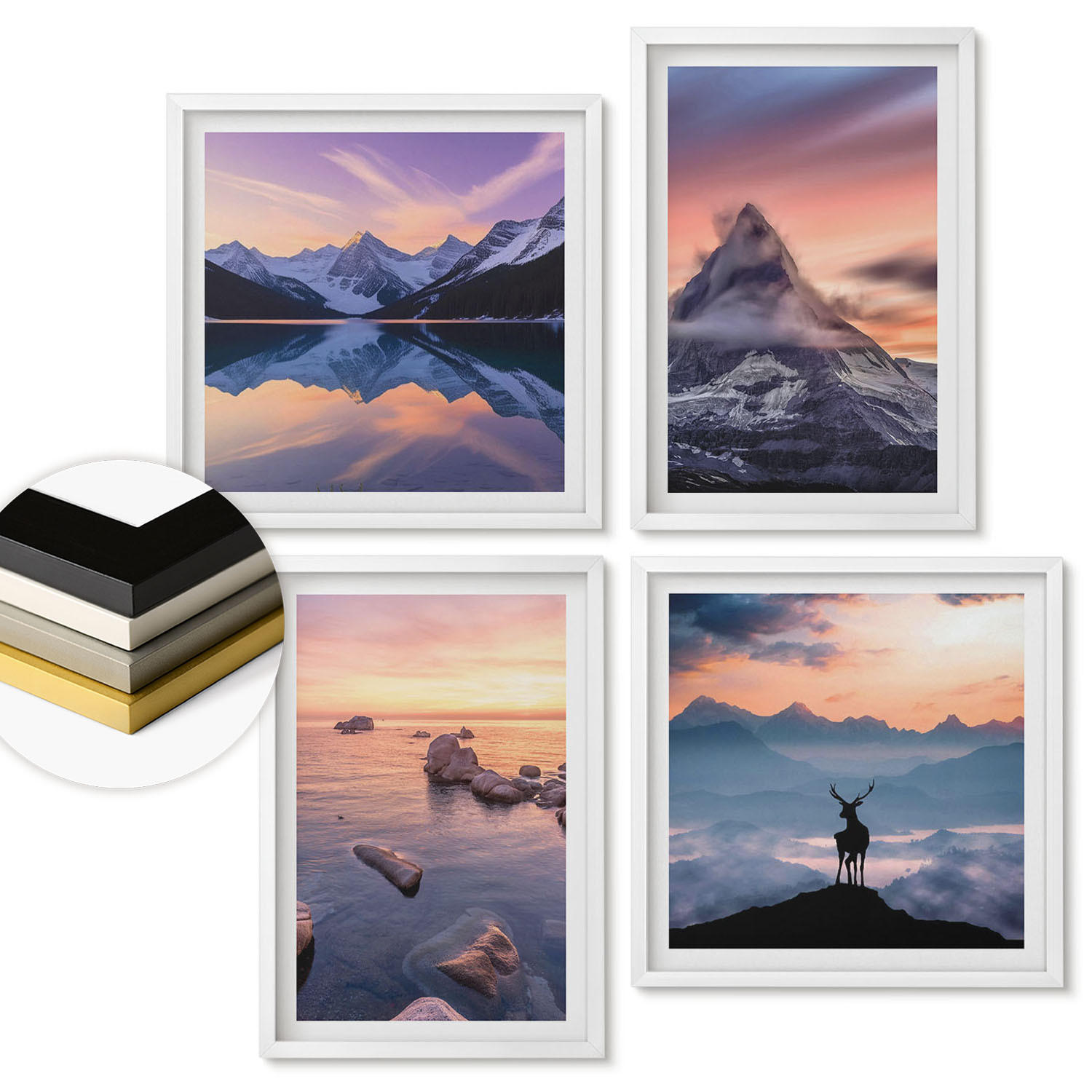 WANDBILDER 4er-Set - 50x50 cm & 40x60 cm Weißer Rahmen - Landschaften Berge Seen jelen - Weiß, Kunststoff (50/50cm) - ArtPrintCave