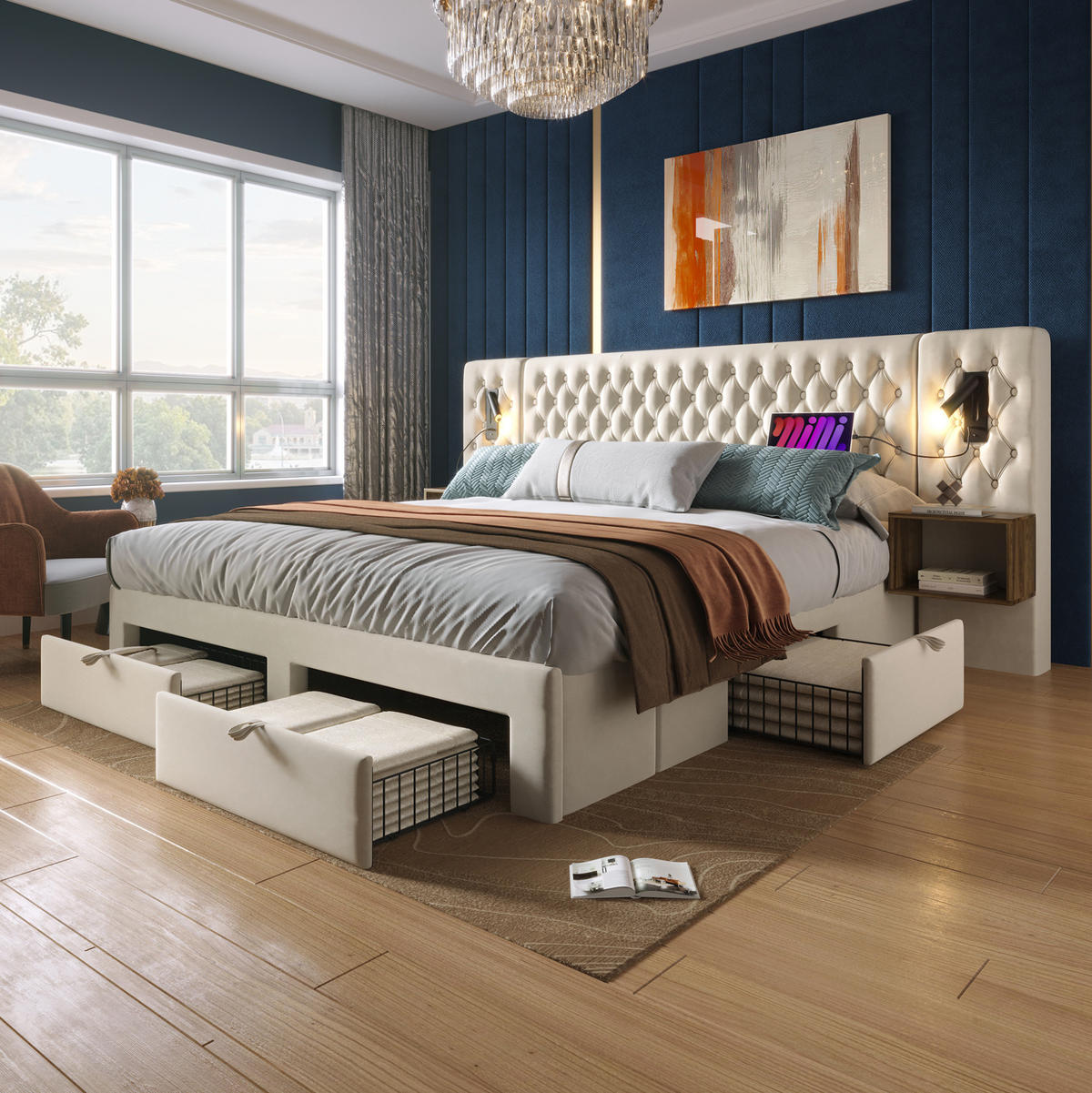 POLSTERBETT 180/200 cm in Beige aus Samt mit Stauraum und LED-Beleuchtung - Beige, Textil (180/200cm) - Flora Grace