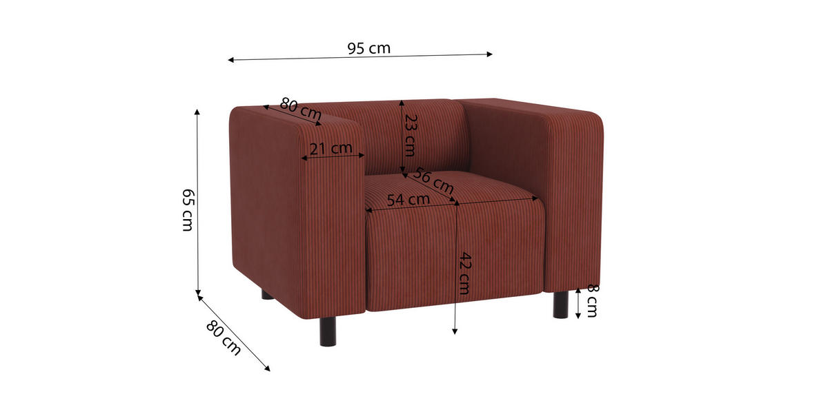 SITZGARNITUR 3+2+1 Tove Terrakotta Cord - Terra cotta/Schwarz, Holz/Kunststoff (175/65/80cm) - S-Style Möbel