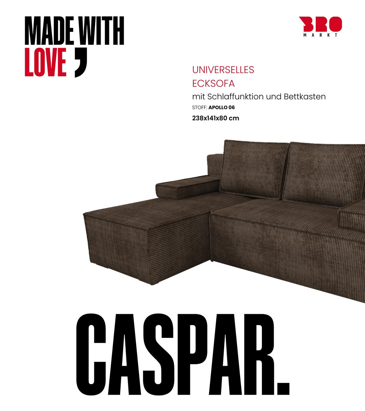 ECKSOFA Caspar mit Schlaffunktion Braun Cord - Braun, Textil (200/141cm) - Bromarkt