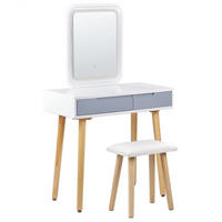 SCHMINKTISCH mit 2 Schubladen, LED-Spiegel und Hocker Weiß/Grau Dieppe - Hellbraun/Weiß, Holzwerkstoff (80/134/40cm) - Beliani