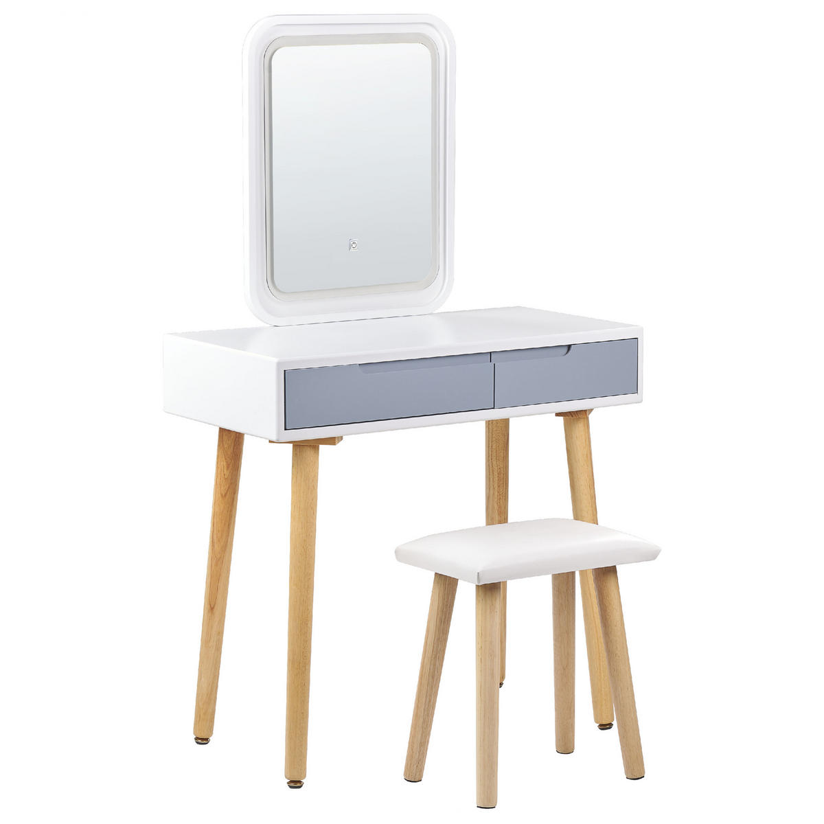 SCHMINKTISCH mit 2 Schubladen, LED-Spiegel und Hocker Weiß/Grau Dieppe - Hellbraun/Weiß, Holzwerkstoff (80/134/40cm) - Beliani