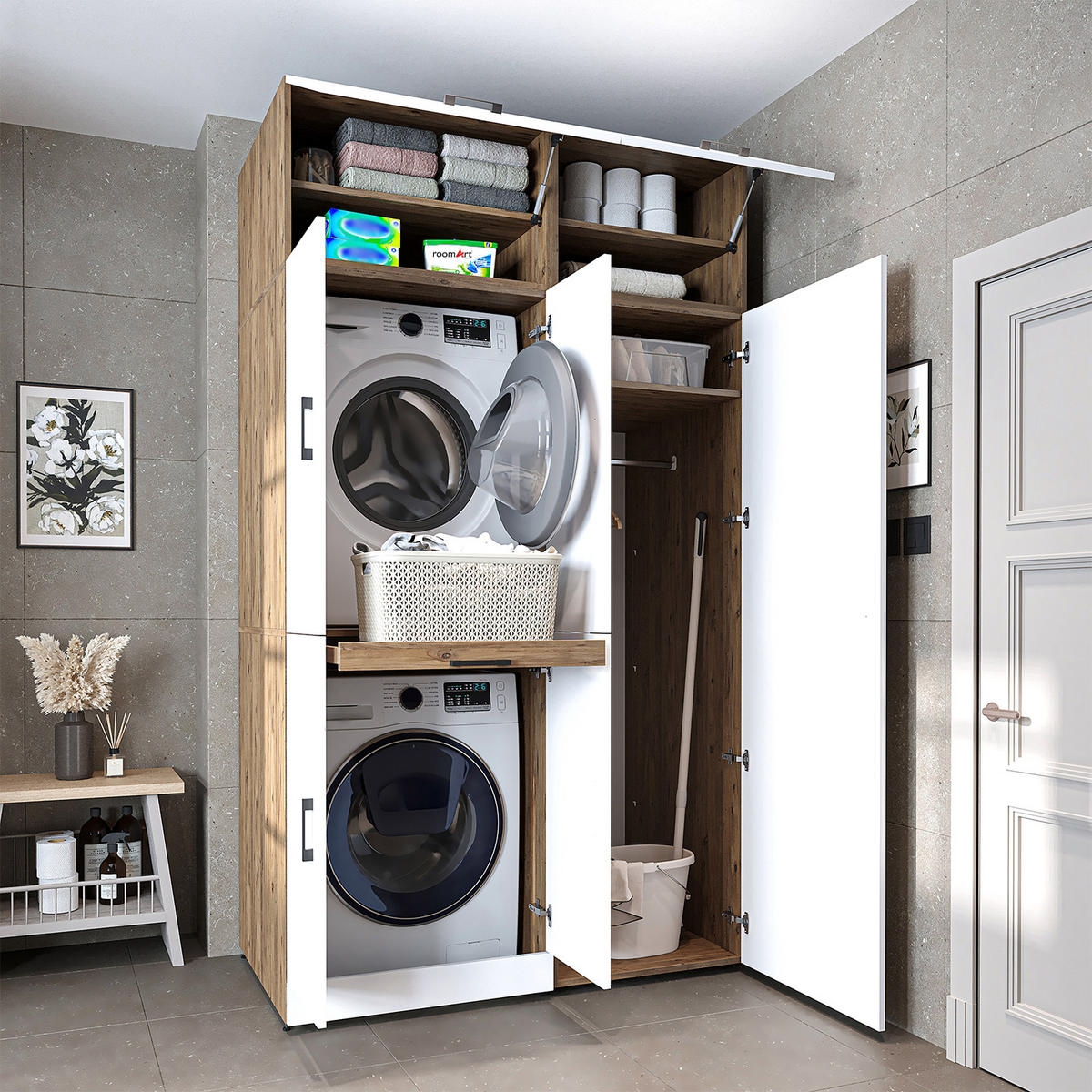 WASCHMASCHINENSCHRANK DORA-I 130cm Breit, 230cm Hoch - Eiche Bianco, Holzwerkstoff (130/230/73.8cm)