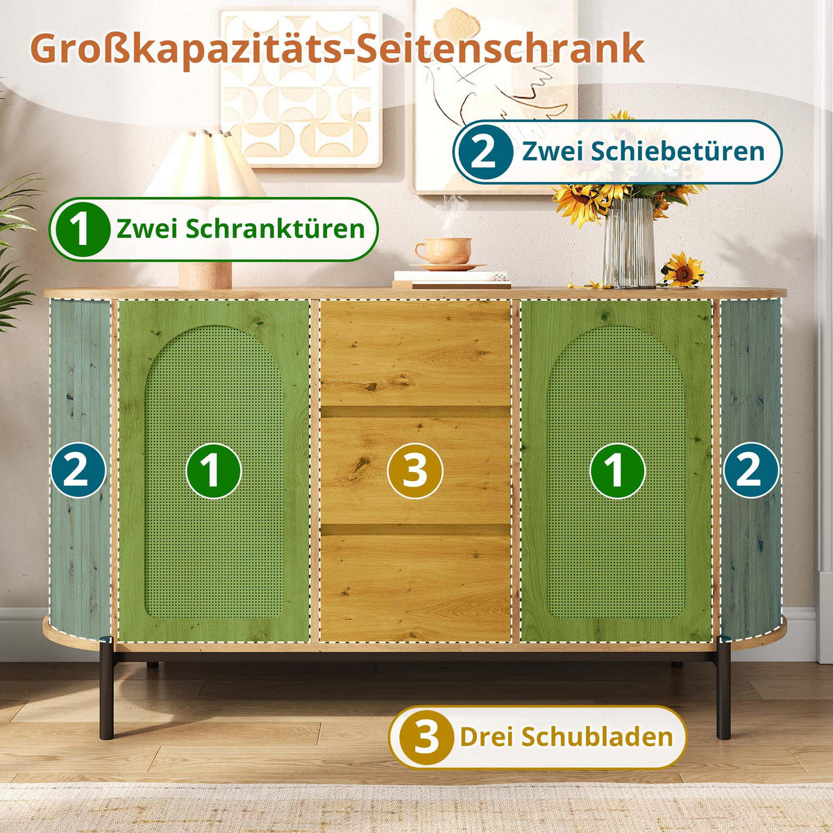 SIDEBOARD in Holzoptik Ovaler Aufbewahrungsschrank mit verstellbare Einlegeböden und Schiebetüren, B140/T38/H77,5(cm) - Schwarz/Naturfarben, Holzwerkstoff/Metall (140/77.5/38cm) - STILVORA