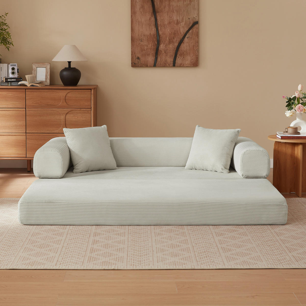 SCHLAFSOFA aus Cord in Beige 2-lagiges Design & zum Doppelbett ausklappbar - Beige, Textil (89/59/195cm) - Urban Meuble