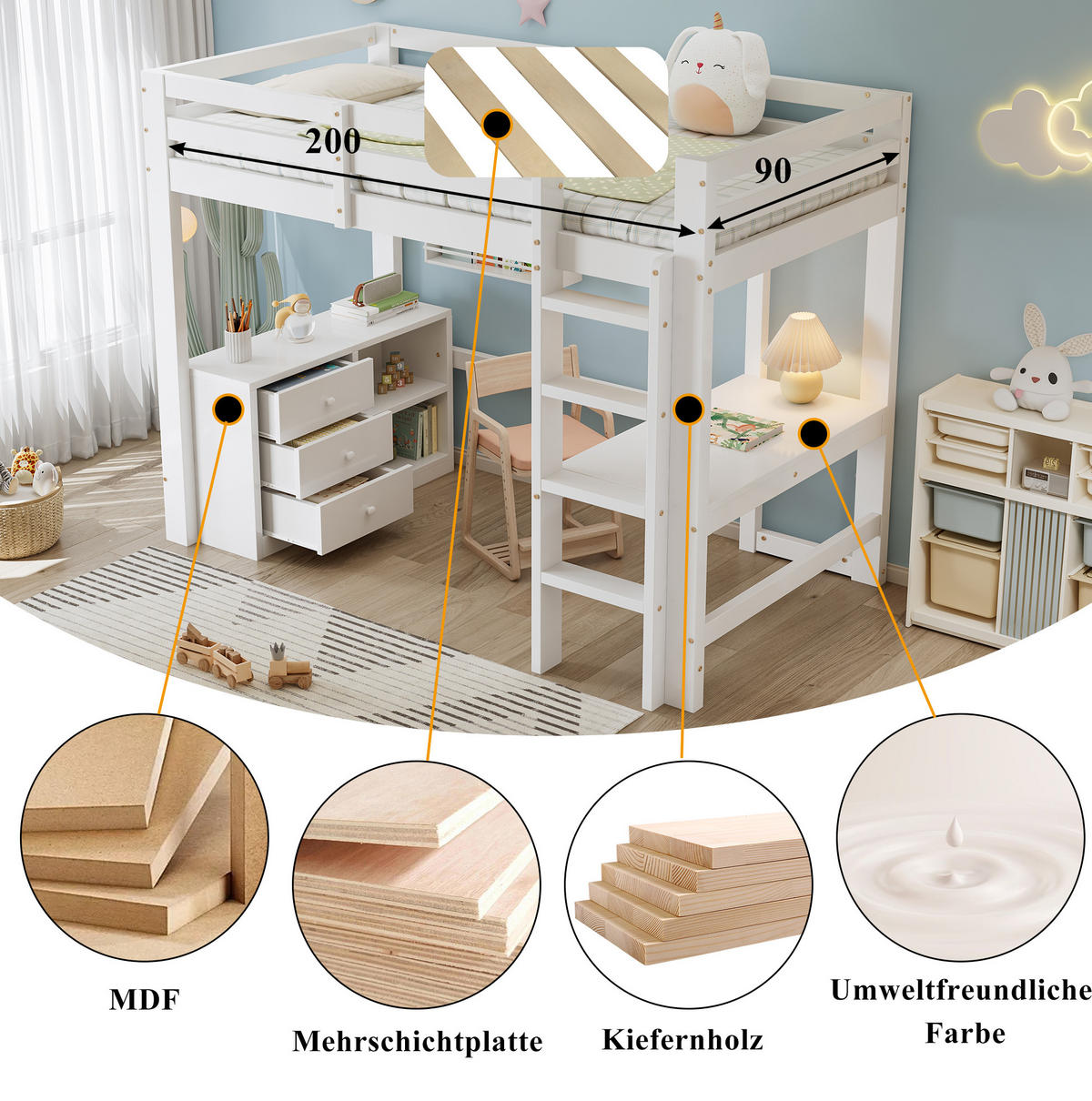 HOCHBETT 90/200 cm Weiß mit Schreibtisch und Stauraum ohne Matratze - Weiß, Holz (90/200cm) - MIVRAY