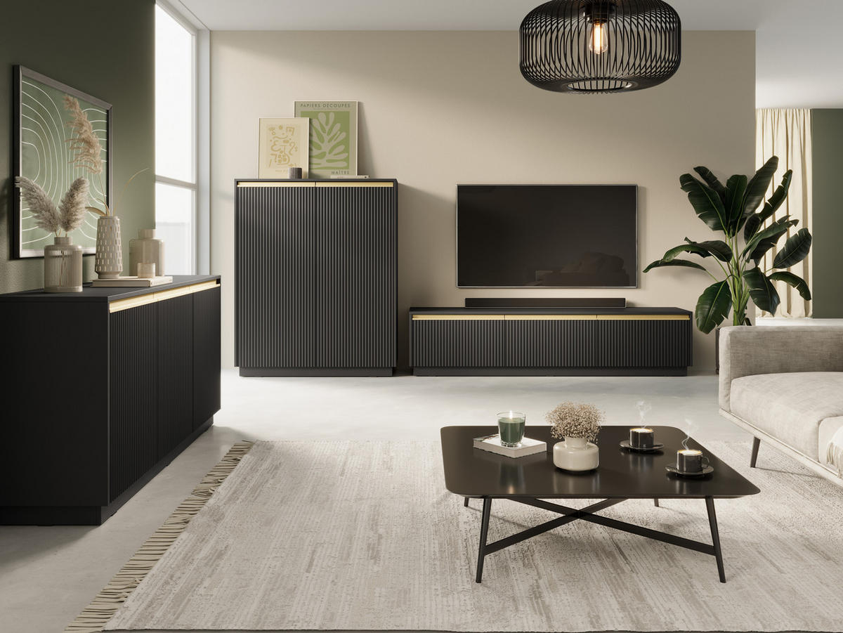 NACHTTISCH Loren in Schwarz mit Schublade und geriffelten Fronten - Goldfarben/Schwarz, Holzwerkstoff/Kunststoff (54/42/39cm) - Ravio