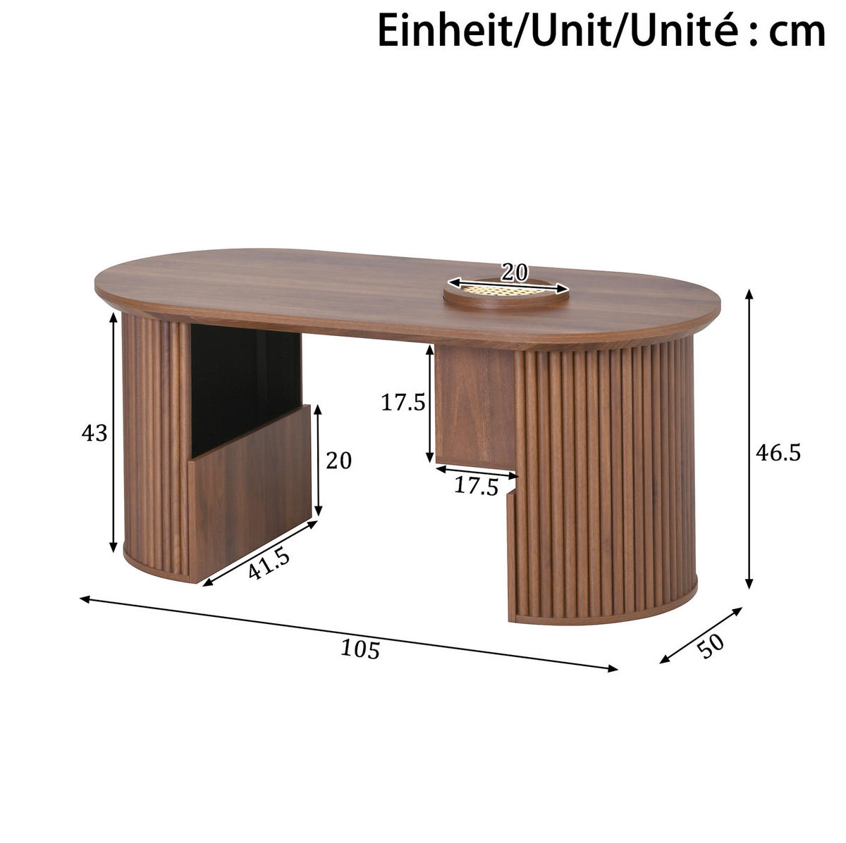KONFERENČNÝ stolík 105/50/46,5 cm z MDF s úložnými priehradkami a oválnou doskou, Orechová - farba orecha, kompozitné drevo (105/50/46.5cm) - Redom