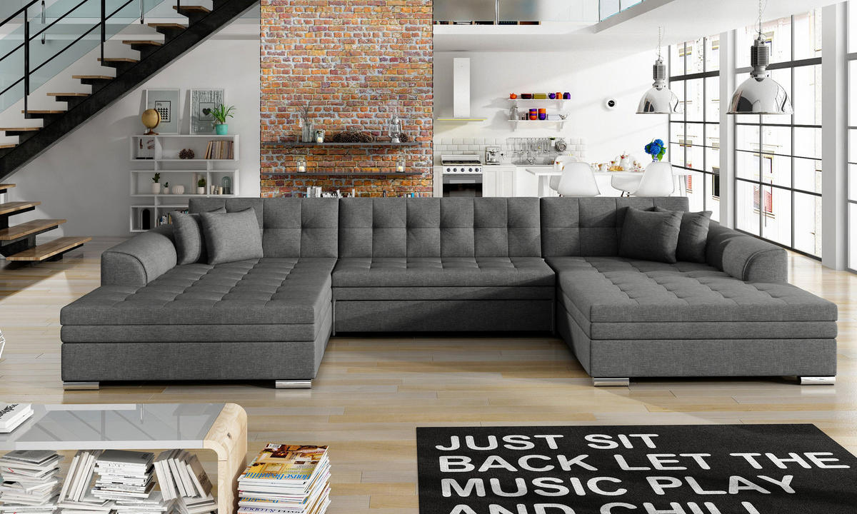 WOHNLANDSCHAFT VENTO U-Form – Großzügiges Ecksofa mit Schlaffunktion & Kissen 359 cm - Anthrazit, Kunststoff (359/78/165cm) - Wohnideebilder
