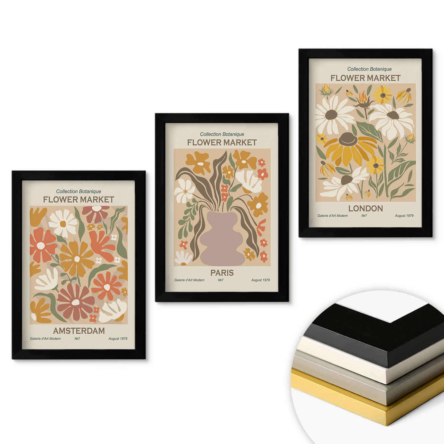 WANDBILDER 3er-Set - 20x30 cm Schwarzer Rahmen - Blumenmuster Amsterdam Paris London - Schwarz, Kunststoff (20/30cm) - ArtPrintCave