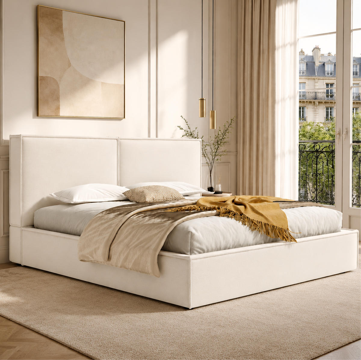 POLSTERBETT aus Leinen 180x200 cm Beige mit hydraulischem Bettkasten und Lattenrost - Beige, Textil (180/200cm) - Modfu