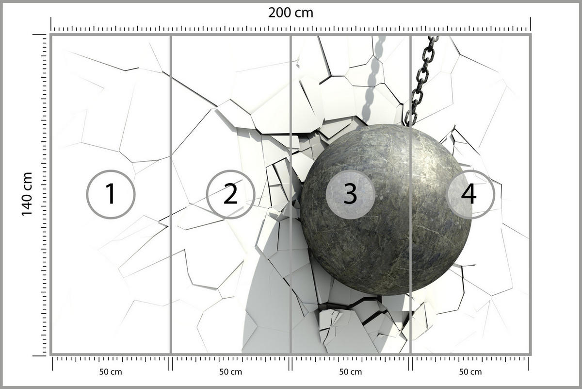 FOTOTAPETE für Büro Metallkugel Riss Weiße Wand 200x140 - Weiß/Grau, Papier (200/140cm) - Muralo