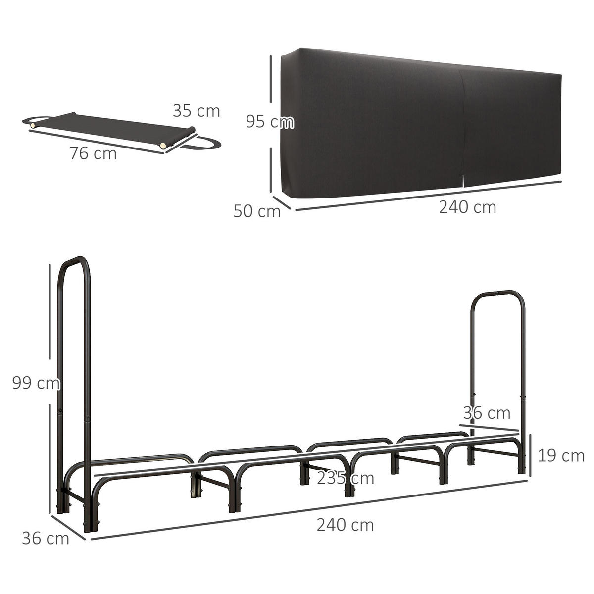 KAMINHOLZREGAL bis 200 kg - Schwarz, Metall (36/99/240cm) - Outsunny