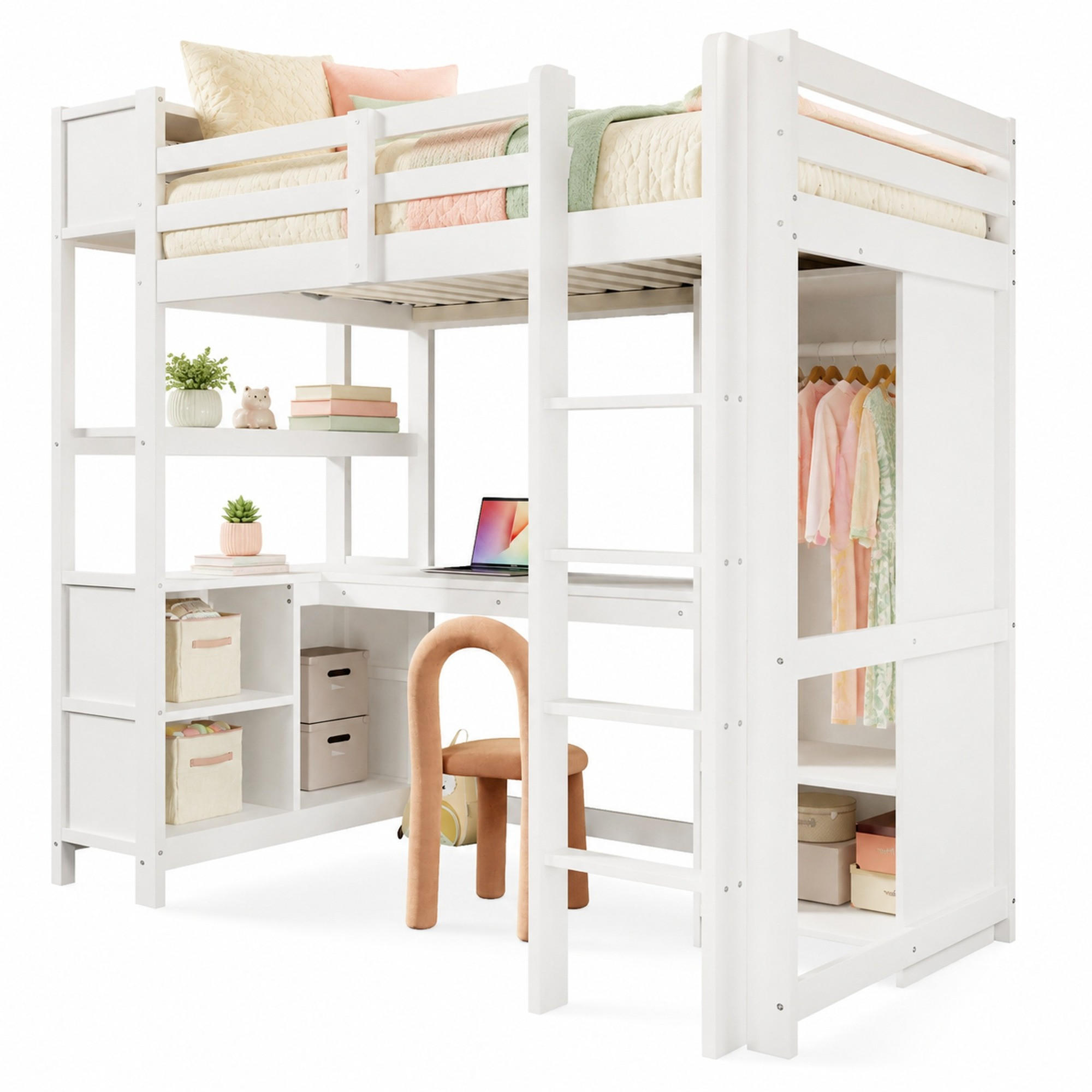 HOCHBETT 90/200 mit Regalen, Schreibtisch und Kleiderschrank in Weiß - Weiß, Holzwerkstoff (90/200cm) - EVRYAE