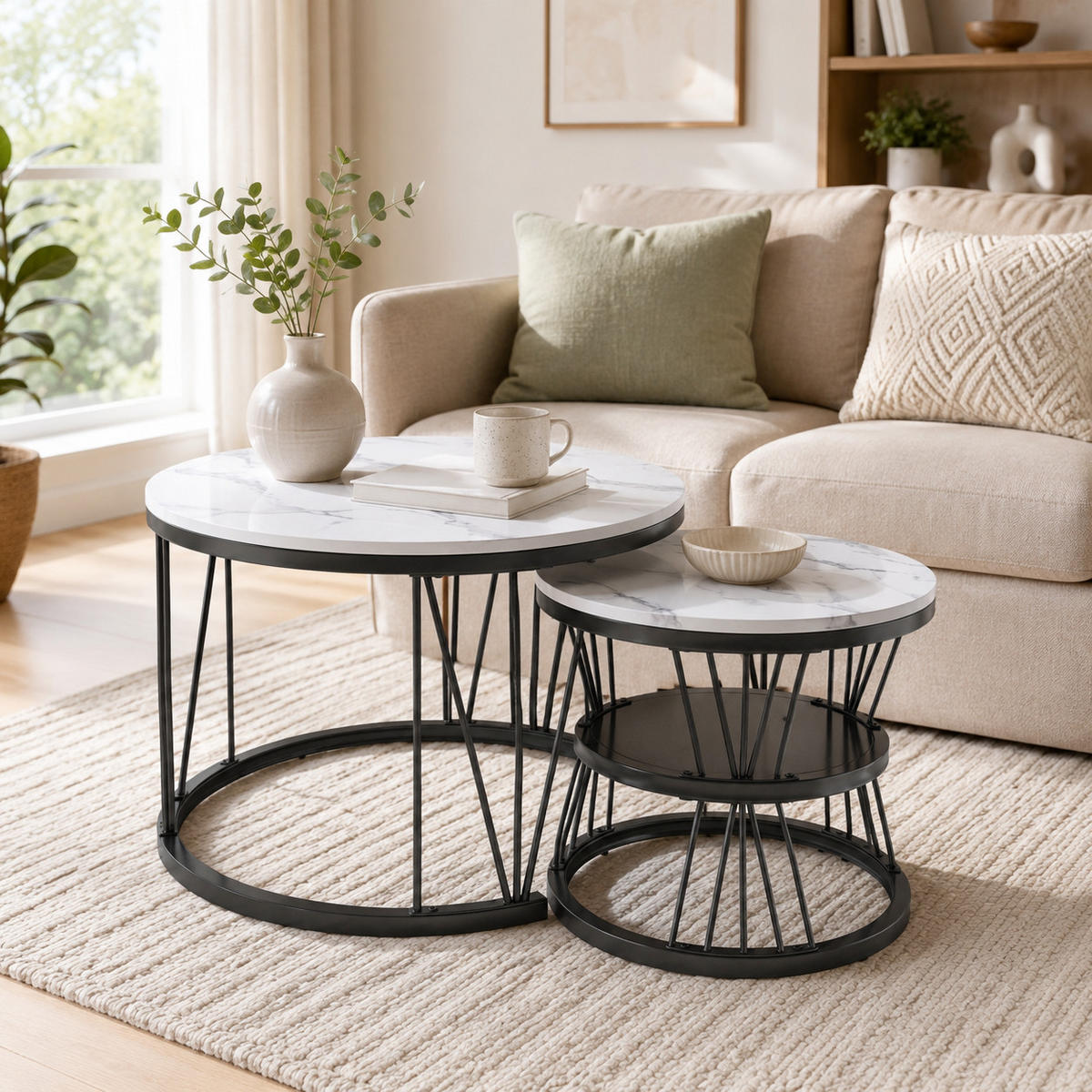 COUCHTISCH-SET mit geometrischem Metallrahmen, elegantes Design, doppelschichtig - Schwarz, Metall (70/70/45cm) - Joyfair