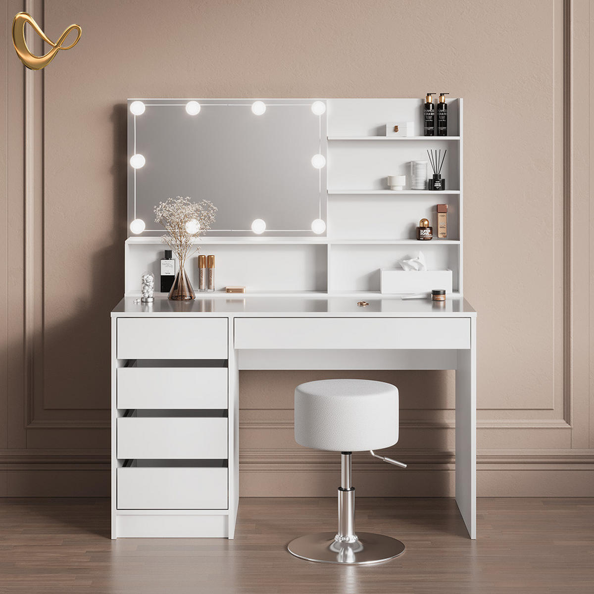 SCHMINKTISCH Imola Weiß mit LED Beleuchtung, Hocker und Spiegelregal - Weiß, Holzwerkstoff (145/75/55cm) - Livinity®