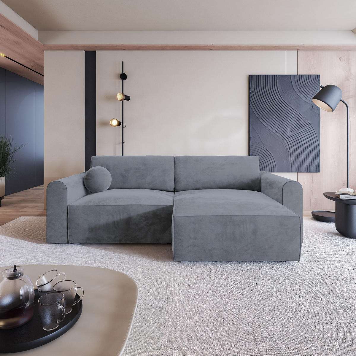 ECKSOFA FIANO M Grau Velours-Stoff mit Schlaffunktion - Grau, Holz (245/148cm) - MASSENO