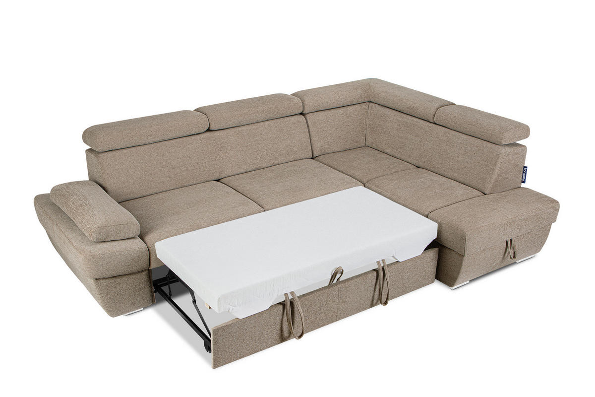SCHLAFECKSOFA RATLO rechts 4/5-Sitzer mit Bettkasten in Lederoptik, ecrue - Ecru/Silberfarben, Textil (270/190cm) - KONSIMO®
